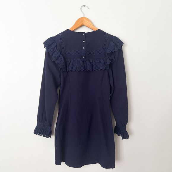 Doen Minore Dress Navy Size S Eyelet Collared Long Sleeve Organic Cotton Cottage - Picture 9 of 13